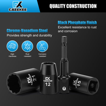 CaeeKee 15PCS 1/2" Drive Shallow 12-Point Impact Socket Set, Metric(11mm - 32mm), Cr-V Steel, Includes Drill Socket Adapter