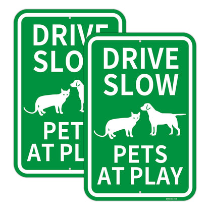 2 Pcs "Drive Slow - Pets At Play" Sign, 12" x 18" Engineer Grade Reflective Aluminum,Fade Resistant, Waterproof, Dustproof, UV-Resistant and Durable