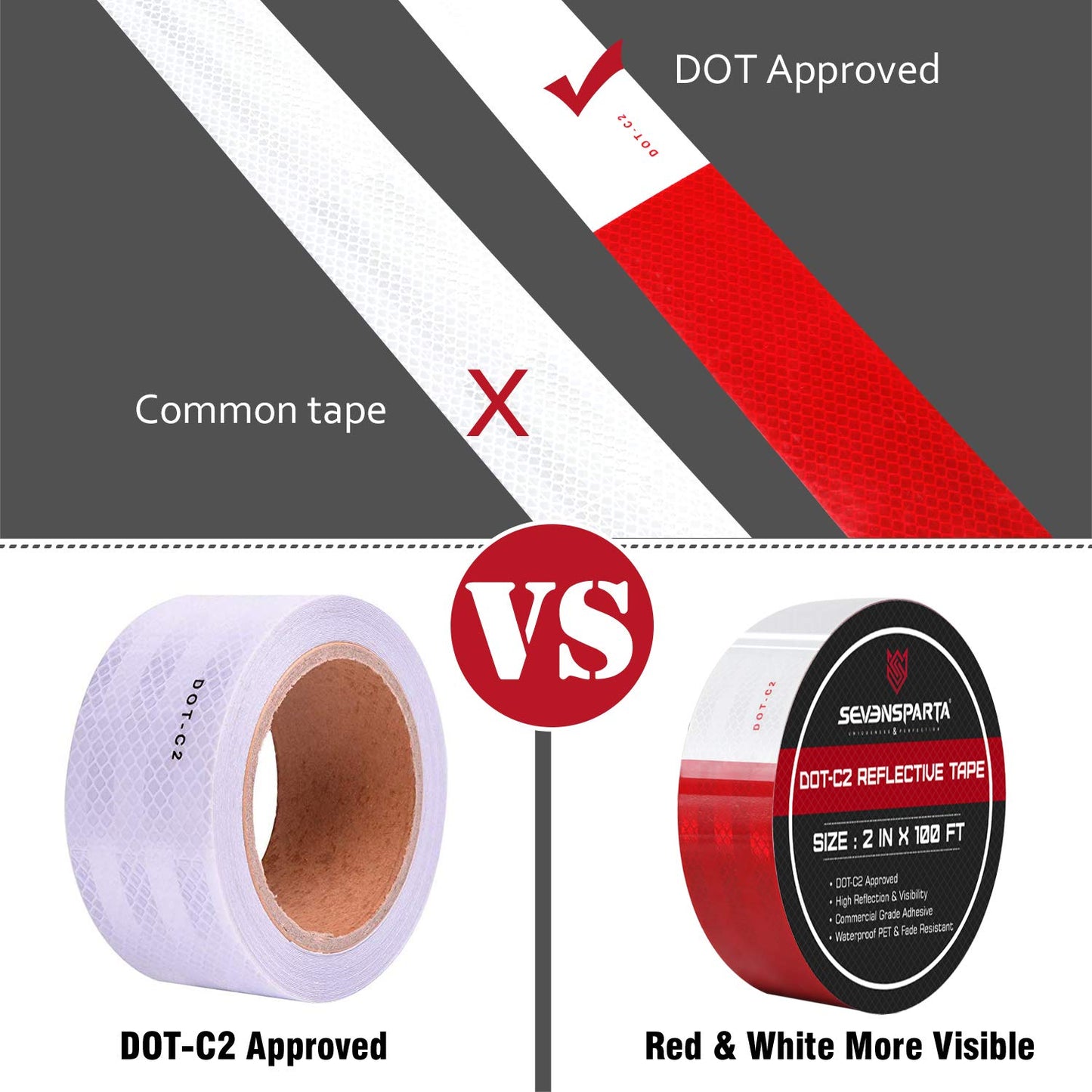 DOT-C2 Reflective Safety Tape 2 Inch x 200 Feet Red/White Conspicuity Tape for Vehicles, Trailers, Boats, Signs (200 FT)