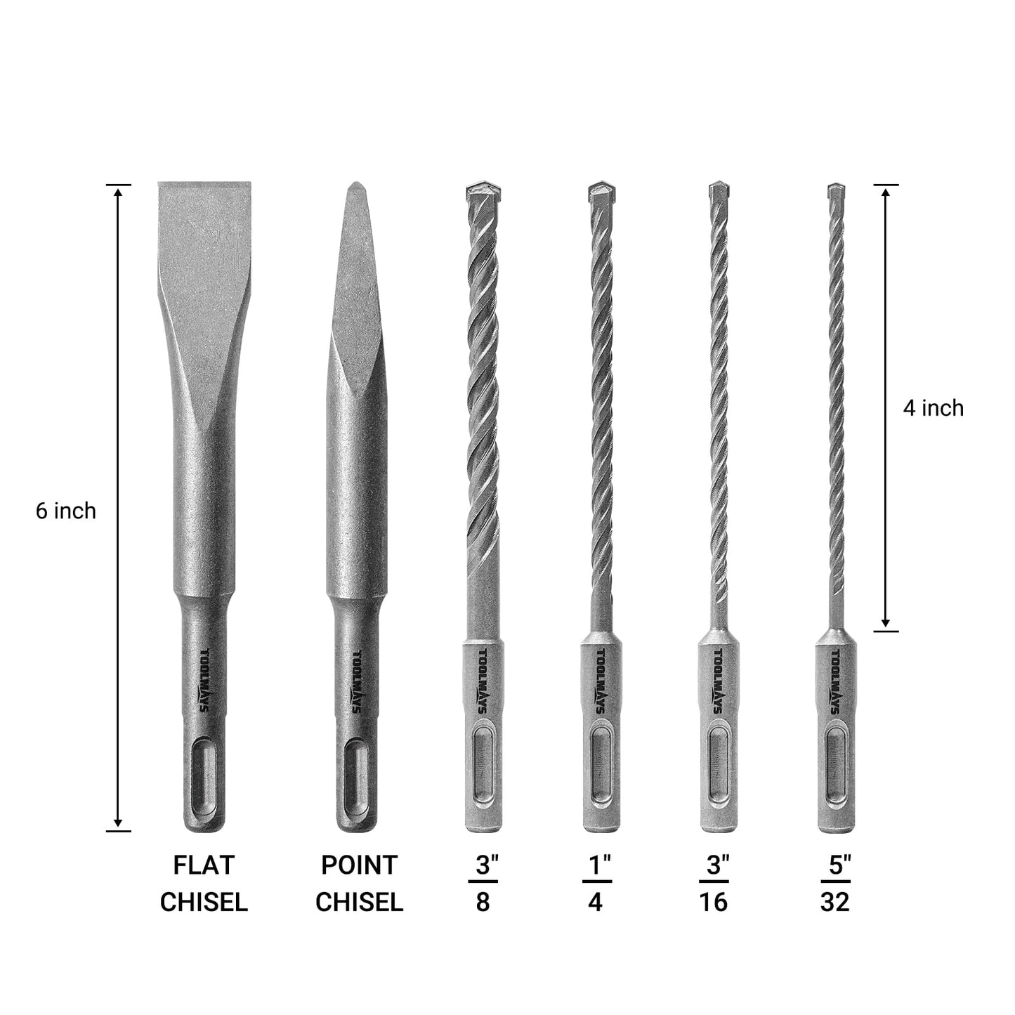 Toolmays 6Pcs Rotary Hammer Bit Set, SDS Plus Concrete Masonry Drill Bits, Applicability Brick and Stone, with Storage Case, Ideal Tool for DIY, Home