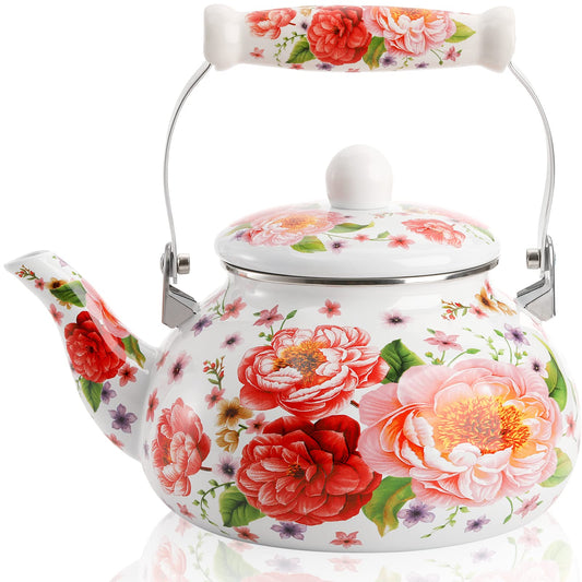 DEAYOU 2.5L Enamel Tea Kettle Stovetop, Large Porcelain Enameled Teakettle, 2.6 Quart Vintage Tea Pot with Ceramic Cool Handle, Colorful Floral Steel Teapot for Hot Water, Retro Decor, No Whistling
