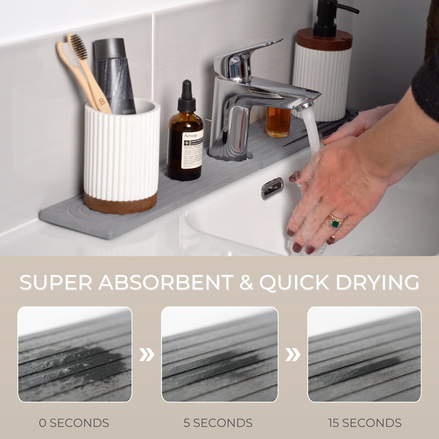 Natureva Home - Stone Faucet Mat | Diatomite Sink Splash Guard | Instant Drying Tray for Kitchen Bathroom Sinks | Made of Diatomaceous Earth | Absorbing Water Instantly | Design Arch | Colour Graphite