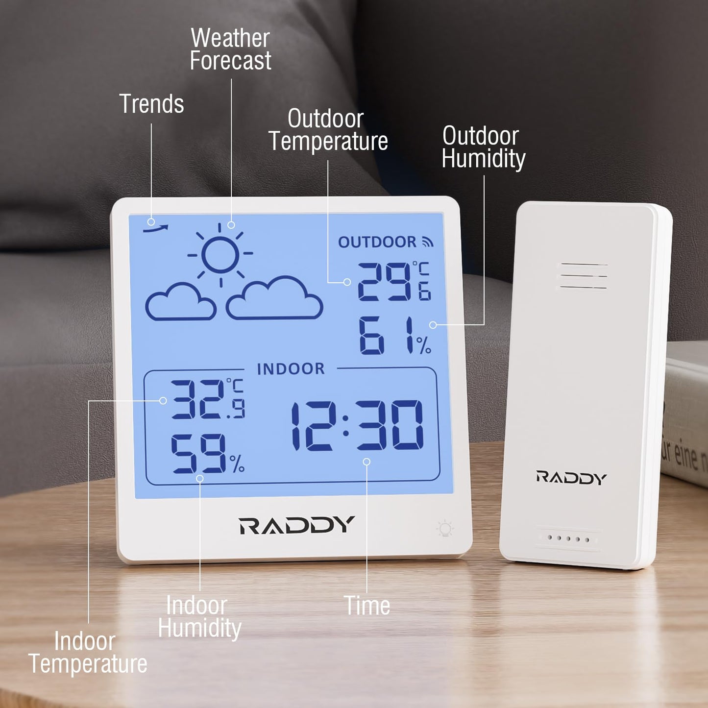 Raddy WF-50T Indoor Outdoor Thermometer Hygrometer Wireless Weather Station, Battery Powered Temperature & Humidity Monitor with 5.0’’ TN Display, Weather Forecast, Wireless Remote Sensor (White)