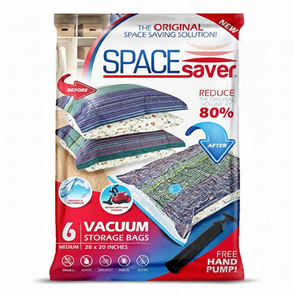 Spacesaver Vacuum Storage Bags Medium 6 Pack - Vacuum Seal Bags for Clothing, Comforters, Blankets and Bedding - 28 x 20 Inch Space Saver Bag for Travel and Home Organization with Hand Pump Included