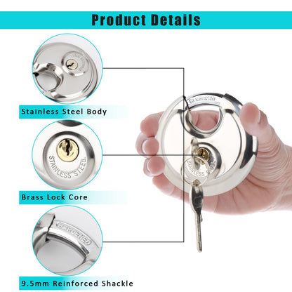 2Pack Padlocks Keyed Alike, 2-3/4"(70mm) Disc Locks for Storage Unit, Stainless Steel Locks with 4 Keys, Outdoor Waterproof Storage Lock for Storage Locker, Shed, Gate, Fence, Warehouse