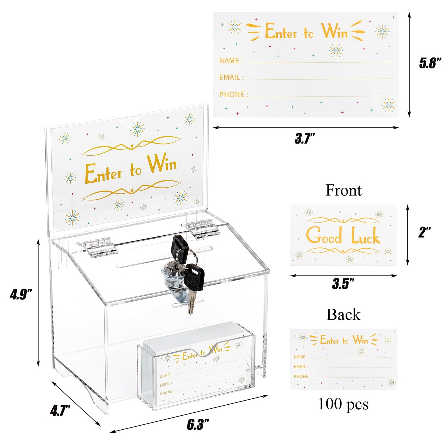ZENFUN Acrylic Donation Box with Lock and Sign Holder, 6.3x4.7x4.9 Inches Clear Ballot Box Voting Storage Box Comments Container with 100pcs Tickets Cards for Raffle, Tip Jar, Collection, Voting
