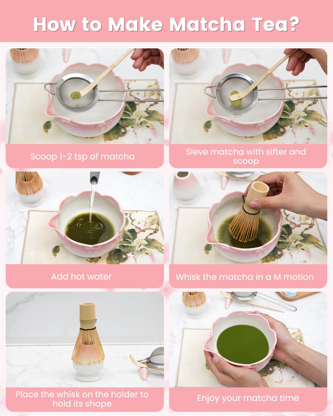 RoaGain Matcha Set, 7 Pcs Matcha Whisk Set, Pink 3D Bowknot Embellished Matcha Kit for Ceremony, Tradition Tea Set for Making Latte, Matcha Whisk Set with Bowl with spout,Gift for Tea Lovers