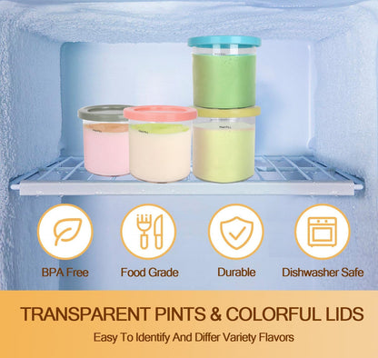 4 Pack Ice Cream Containers Compatible with Ninja Creami NC299AMZ NC300 & NC301 Series Ice Cream Maker, Replacement Pints Containers and Lids, BPA-Free & Dishwasher Safe, Grey/Blue/Pink/Yellow