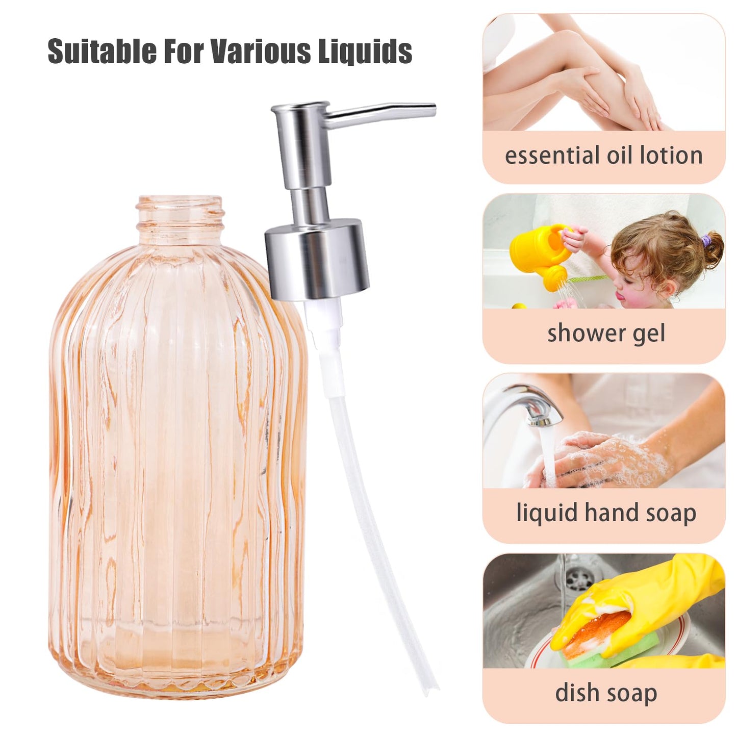 RUITENG 3 Pack Soap Dispenser Set, 14 Oz Clear Glass Soap Dispenser with Rust Proof Plastic Pump, Refillable Liquid Hand Soap Dispenser, Bathroom Soap Dispenser for Kitchen Countertop (3 Colors)