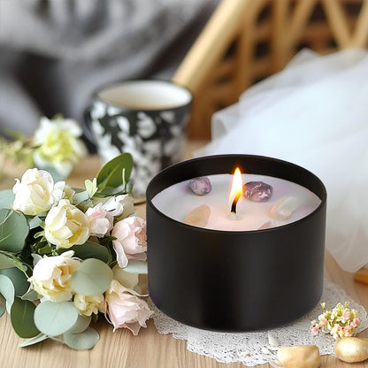 CONNOO 24 Pack Candle Tins, 12pcs 8 OZ & 12pcs 4 OZ Black Jars with Metal Wood-Grain Lids for Making Candles, Bulk Empty Containers for Candle Making, Wick Kit Included