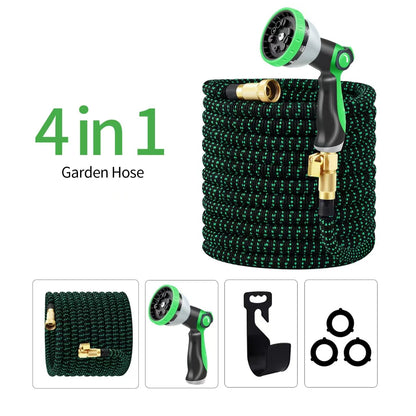 25ft Expandable Garden Hose, Water Hose with 10 Function Nozzle, Flexible Hose with 3/4" Solid Brass Fittings, Extra Strength Fabric, Easy Storage Kink Free, Black & Green