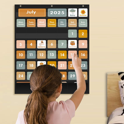 REGELETO Boho Calendar Pocket Chart with 92 Cards for Classroom,46 Pockets Black Monthly Calendar and Weather Pocket Chart for Students Learning Size: 28.75" H x 24" W inch for Home or Classroom
