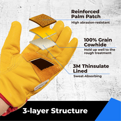 Winter Leather Work Gloves, Warm Thinsulate Lining for Cold Weather Work, 100% Full Grain Cowhide with Abrasion and Puncture Resistance, Size X-Large