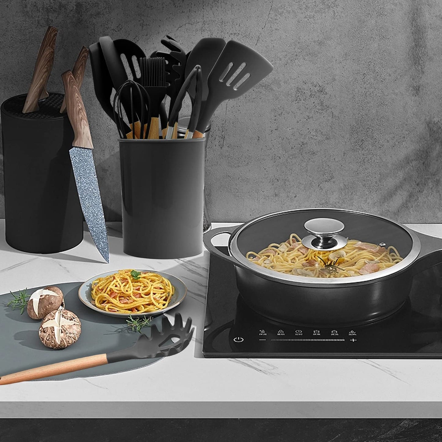 Cooking Utensils Set, 22 Pcs Heat Resistant Silicone Kitchen Utensils Spatula Set with Holder, Kitchen Gadgets Utensil Set for Nonstick Cookware (Black)