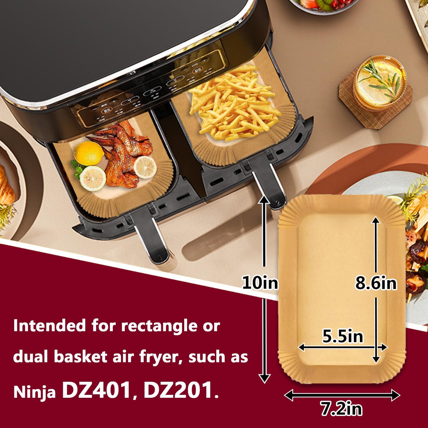 Air Fryer Liners for Ninja DZ550 Air Fryer, 250pcs Airfryer Liners Dual Parchment Paper for Air Fryer, Air Fryer Parchment Paper Liners for Chefman 6Qt Dual Basket/Ninja DZ201 DZ401