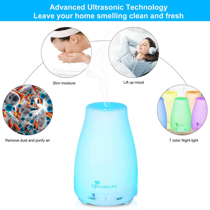 Diffuserlove Essential Oil Diffusers 200ML Remote Control Ultrasonic Mist Humidifiers BPA-Free Aromatherapy Diffuser with 7 Color Lights and Waterless Auto Shut-Off for Bedroom Office Kitchen
