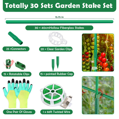 Cludoo Garden Stakes Set with 30 Sets Fiberglass Plant Stakes Sticks Supports and Accessories, DIY 4ft 5ft 6ft 7ft Tomato Stakes for Vegetables, Tomato, Pepper, Fences Indoor Outdoor Plants