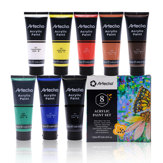 Artecho Professional Acrylic Paint Set, 8 Primary Colors (120ml / 4.05oz) Tubes, Art Craft Paints for Canvas Painting, Rock, Stone, Wood, Fabric, Art Supplies for Professional Artists, Adults, Students, Kids