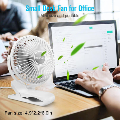 BESKAR USB Powered Clip on Fan, Portable Small Fan with Cord, 3 Speeds Strong Airflow, Personal Fan with Sturdy Clamp, Quiet Desk Fan & Clip Fan