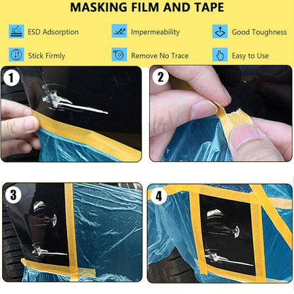 Pre-Taped Masking Film for Painting - 60" x 66' Painters Plastic Sheeting with Automotive Paint Tape and Drape for Covering Cars, Walls, Windows and Furniture Protection (4 Rolls)