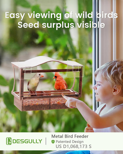 Window Bird Feeder, Desgully Durable Metal Window Bird Feeder, Window Bird Feeders with Strong Suction Cups, Super Adhesive Sheet×4，Large Outdoor Bird Feeder, Bird Watching Gift, Wild Bird Feeder