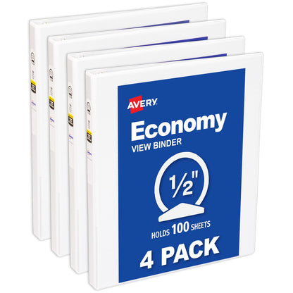 Avery Economy View 3 Ring Binders, 0.5" Round Rings, 100 Sheet Capacity, 0.7" Wide Spine, White Binders, Ideal for Lightweight Organization and Occasional Referencing (4-Pack of 05750)