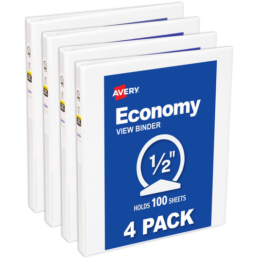 Avery Economy View 3 Ring Binders, 0.5" Round Rings, 100 Sheet Capacity, 0.7" Wide Spine, White Binders, Ideal for Lightweight Organization and Occasional Referencing (4-Pack of 05750)