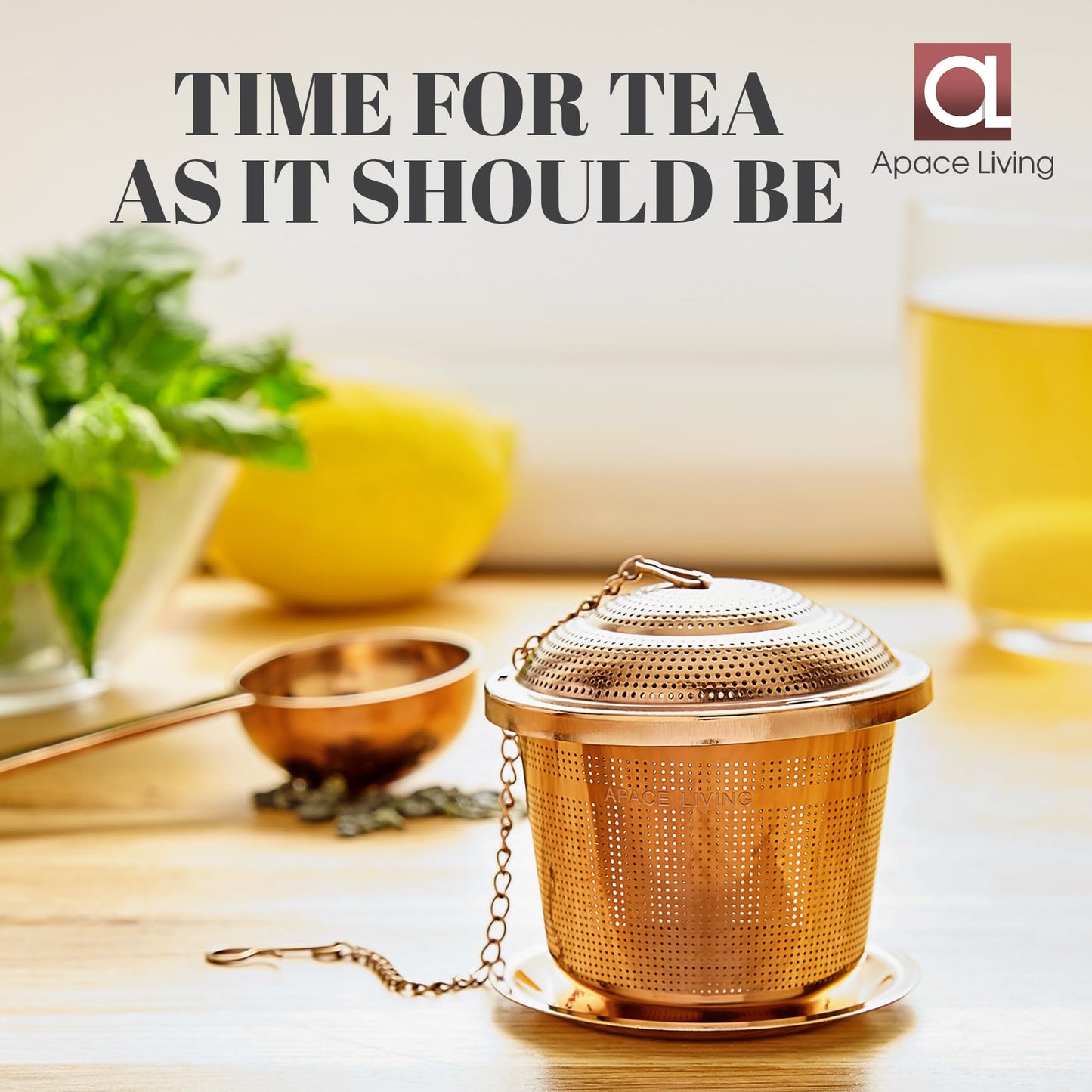 Apace Loose Leaf Tea Infuser (Set of 2) with Tea Scoop and Drip Tray - Ultra Fine Stainless Steel Strainer & Steeper for a Superior Brewing Experience (Rose Gold, Medium)