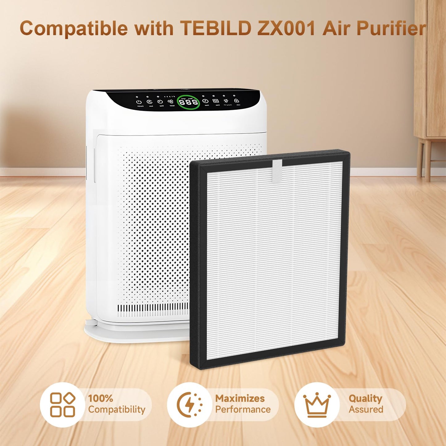ZX001 Replacement Filter Compatible with TEBILD ZX001 Air Purifier, 3-in-1 H13 True HEPA and High-Efficiency Activated Carbon Filters for Home Large Room, 2 Pack