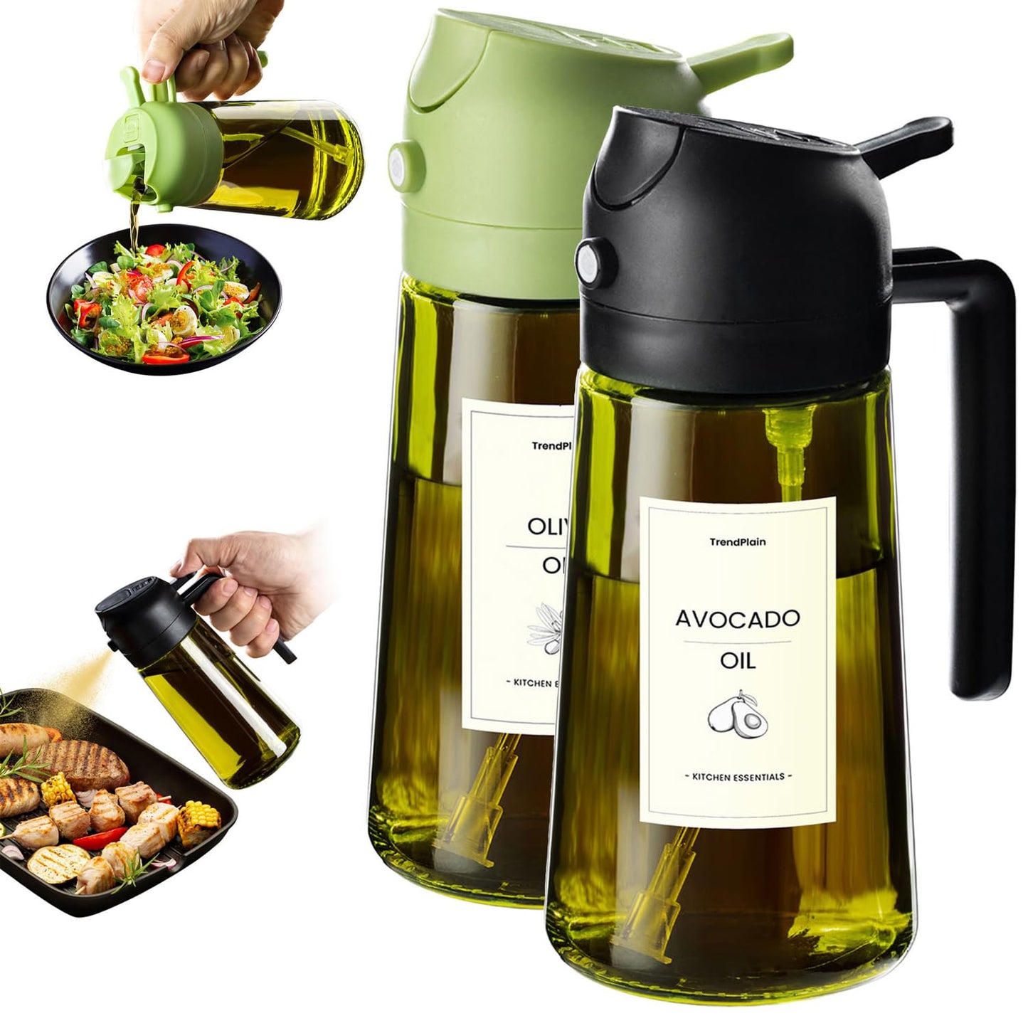 TrendPlain 470ml Olive Oil Dispenser Bottle for Kitchen Gadgets - 2 in 1 Dispenser and Sprayer - Olive Oil Spray Bottle w/Stickers (Light Blockage) - BPA Free - Black&Green