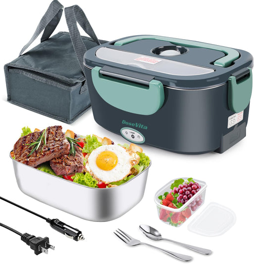 Dosevita Electric Lunch Box for Adults, 80W Heated Lunch Box 1.5L 304 Stainless Steel Portable Food Warmer,12/24/110V Lonchera Eléctrica Portátil for Car, Truck, Work, Travel (Green1)