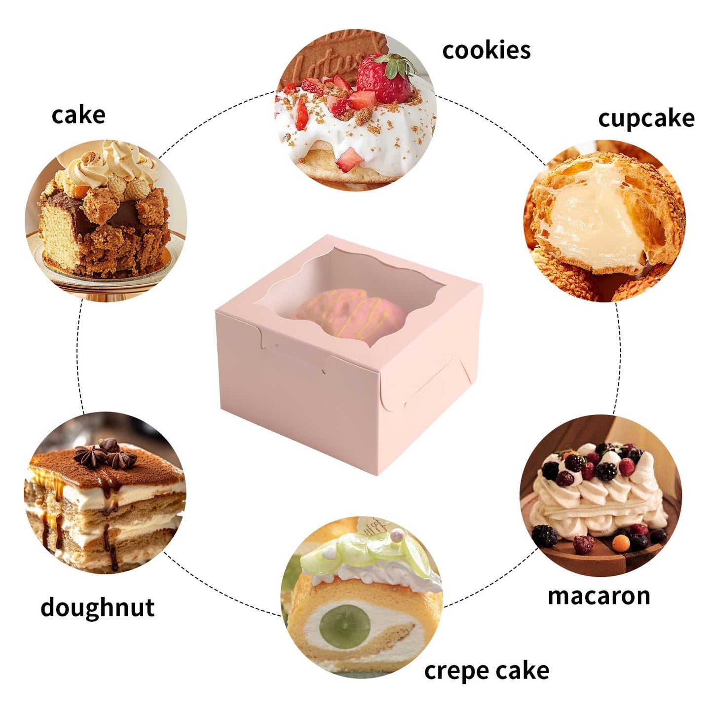 PFAMKEER 25pcs Pink Small Cake Box,4x4x2.5 Inch Bakery Boxes with Window,gift boxes bulk for Mini Cake Pastry Dessert Strawberries Chocolates Cupcakes with Stickers
