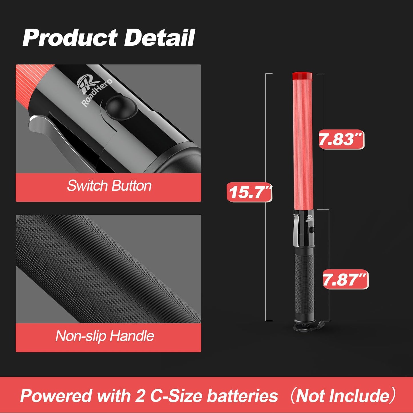 RoadHero 2 Pack Traffic Wand, 16 Inch Led Traffic Control Baton, Safety Light Wands with 2 Flashing Modes, Air Marshaling Signal Wand with Side Clip for Airport, Parking, Car Directing