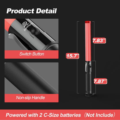 RoadHero 2 Pack Traffic Wand, 16 Inch Led Traffic Control Baton, Safety Light Wands with 2 Flashing Modes, Air Marshaling Signal Wand with Side Clip for Airport, Parking, Car Directing