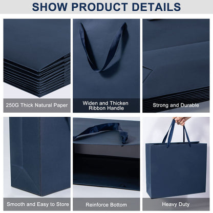 Umoonfine Umoofine Large Navy Blue Gift Bag with Ribbon Handles 12 Pack, 12.6x4.5x11 inches Extra Large Navy Reusable Heavy Duty Kraft Navy Blue Kraft Paper Bags Bulk for Shopping, Gift, Retail