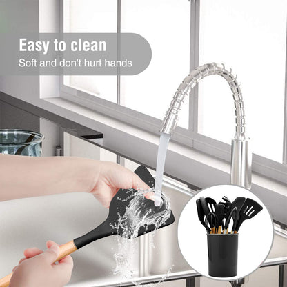 Cooking Utensils Set, 22 Pcs Heat Resistant Silicone Kitchen Utensils Spatula Set with Holder, Kitchen Gadgets Utensil Set for Nonstick Cookware (Black)