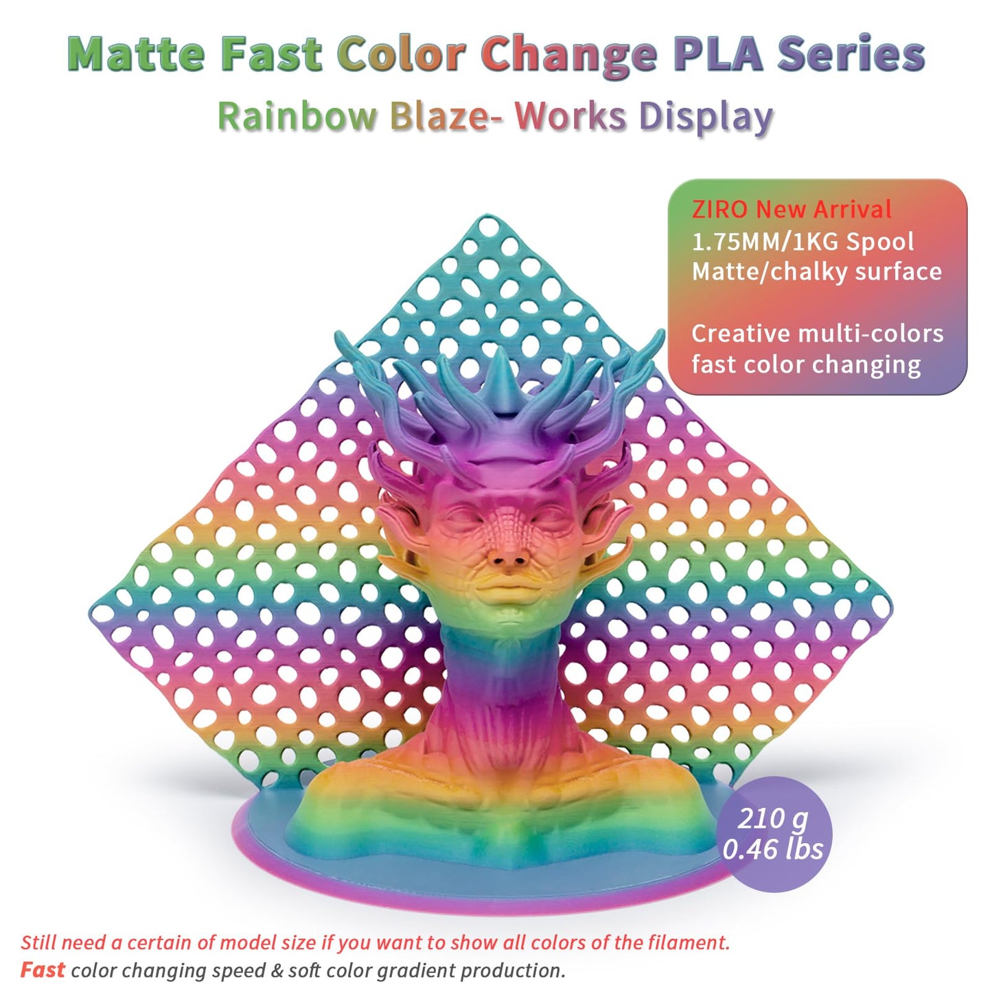 ZIRO 3D Printer Filament PLA, Fast Color Changing Filament(Matte), Color Change by Length PLA, Fit Most FDM 3D Printers, Matte Finish 1KG/ 2.2lbs Spool, Rainbow Blaze
