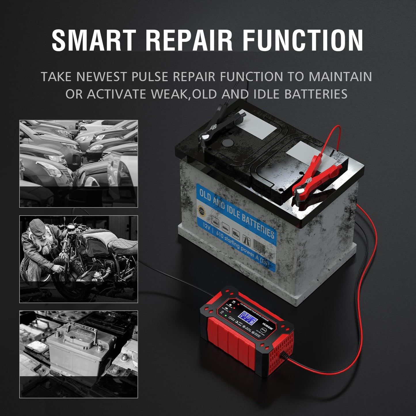 Car Battery Charger, 12V/6A Smart Battery Charger with Pulse Repair, Suitable for Cars, Marine Lead Acid Batteries