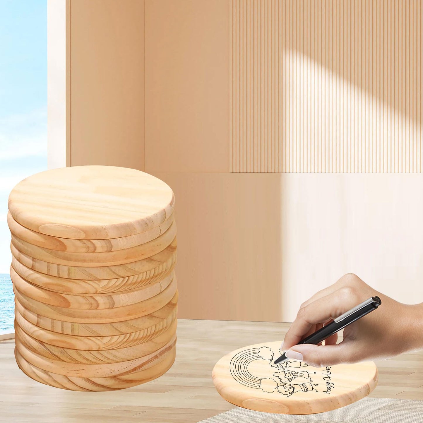 Voittozege 24 Pack Unfinished Wood Coasters | 4 Inch Round 0.35" Thick Wooden Slices Bulk Set | for Painting, Staining, Laser Engraving, Wood Burning & Decoupage | DIY Christmas, Halloween, Thanksgiving Crafts