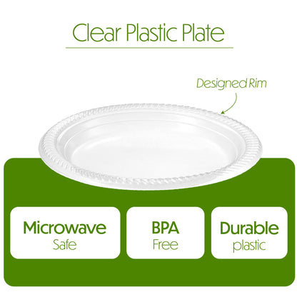 PLASTICPRO 80 Pack Clear Plastic Plates 9 Inch Durable Disposable Plastic Dinner Plates for Parties Events BBQ