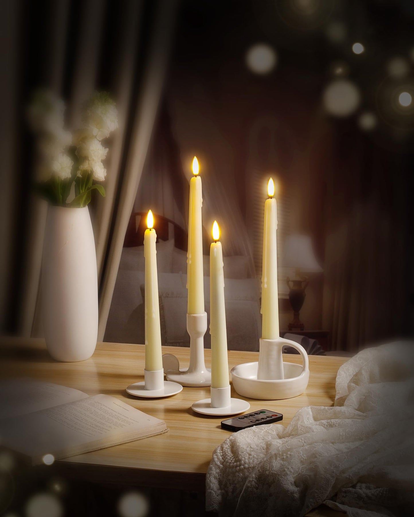 Stmarry 3 Pack Flameless Taper Candles with Remote and Timer - 9.65 Inch Ivory Real Wax LED Candlesticks - Wax Drip Battery Operated Tall Taper Candles with 3D Flickering Flame
