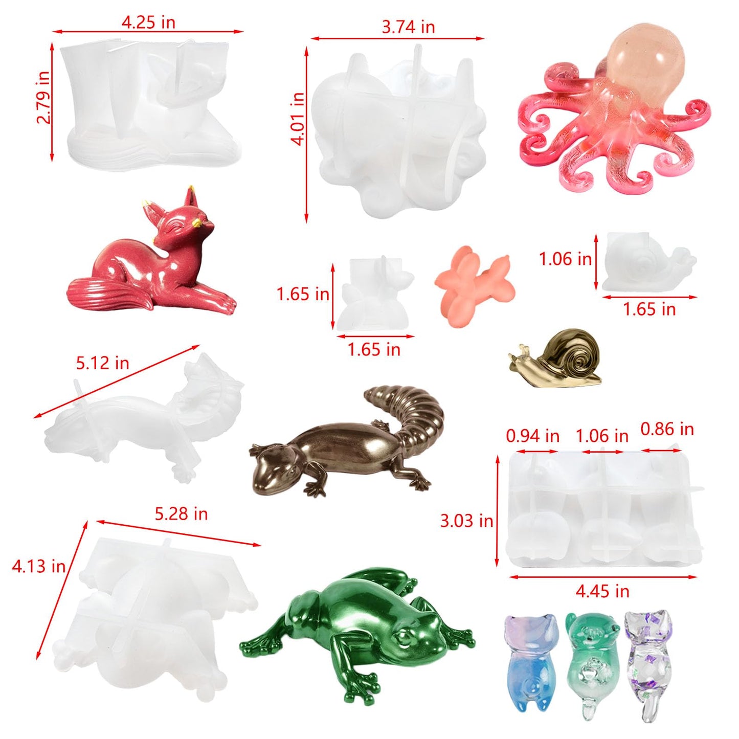 Acxydm 7PCS Animal Resin Molds Set,3D Silicone Molds with Fox Cat Octopus Frog Lizard Dog Snail,Unique Resin Molds,Animal Epoxy Resin molds for Desktop Ornament,DIY Modeling Clay,Plaster,Candle,Resin