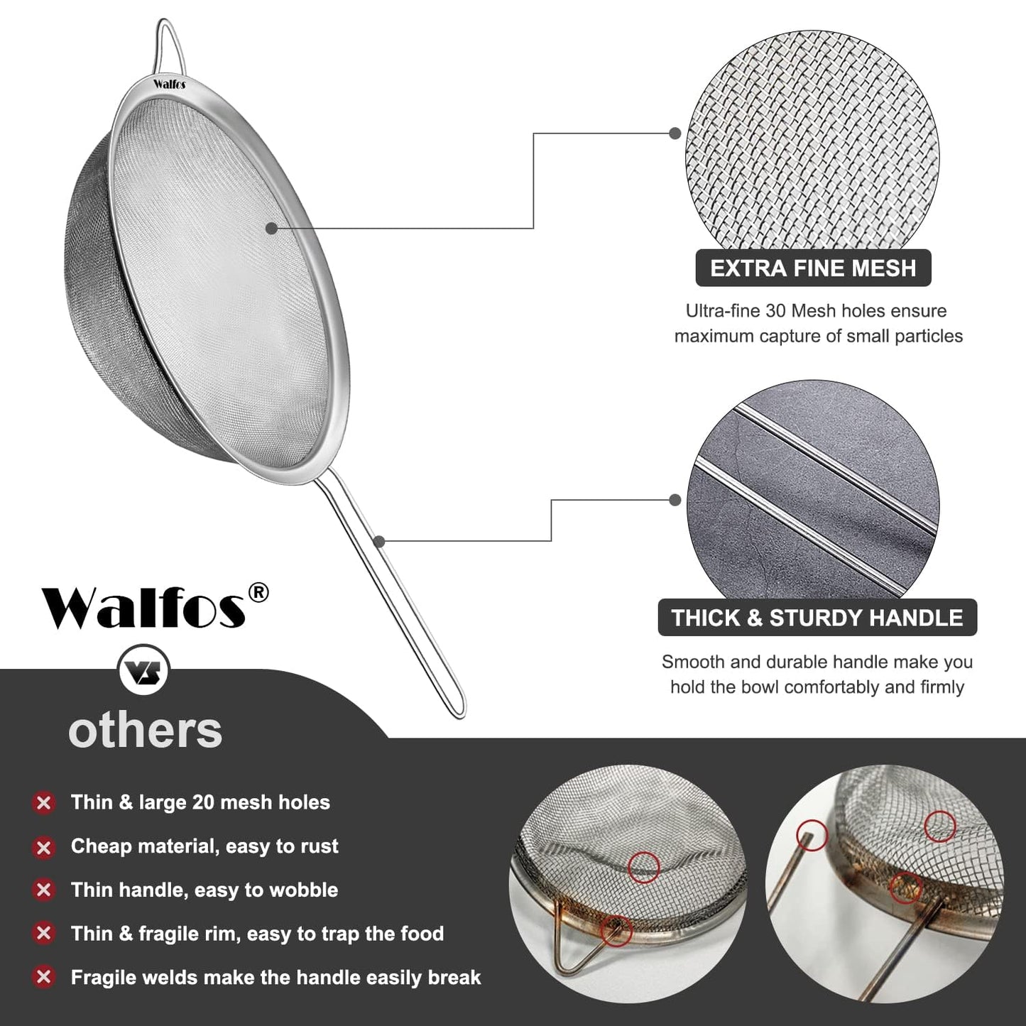 Walfos Fine Mesh Strainer Set of 4-9.5", 7", 4.7", 2.8", Multipurpose Stainless Steel Mesh Sieve with Handle, Kitchen Fine Strainers Sifters for Food, Rice, Quinoa, Fruits, Vegetables, Tea