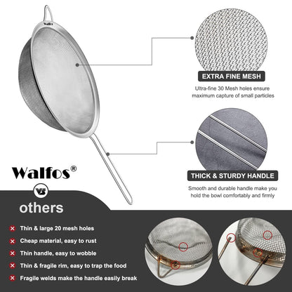 Walfos Fine Mesh Strainer Set of 4-9.5", 7", 4.7", 2.8", Multipurpose Stainless Steel Mesh Sieve with Handle, Kitchen Fine Strainers Sifters for Food, Rice, Quinoa, Fruits, Vegetables, Tea