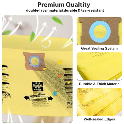 6 Pack Shop Vac Bags 10-14 Gallon, Vacuum Bags Compatible with Shop vac Type I 90672 9067200, Type F 90662 9066200 9066233, Double Layer Disposable Dust Collection Bags Wet/Dry Vacuums