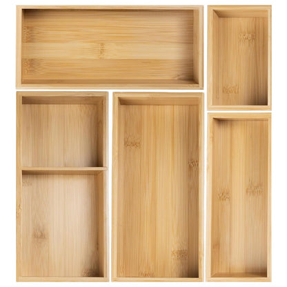 Acidea Bamboo Drawer Organizer Set, 5Pcs Multi-purpose Individual Storage Organizer, Junk Drawer Divider and Storage Trays Containers for Kitchen, Bathroom, Office Desk, Makeup, Jewelry, Utensils