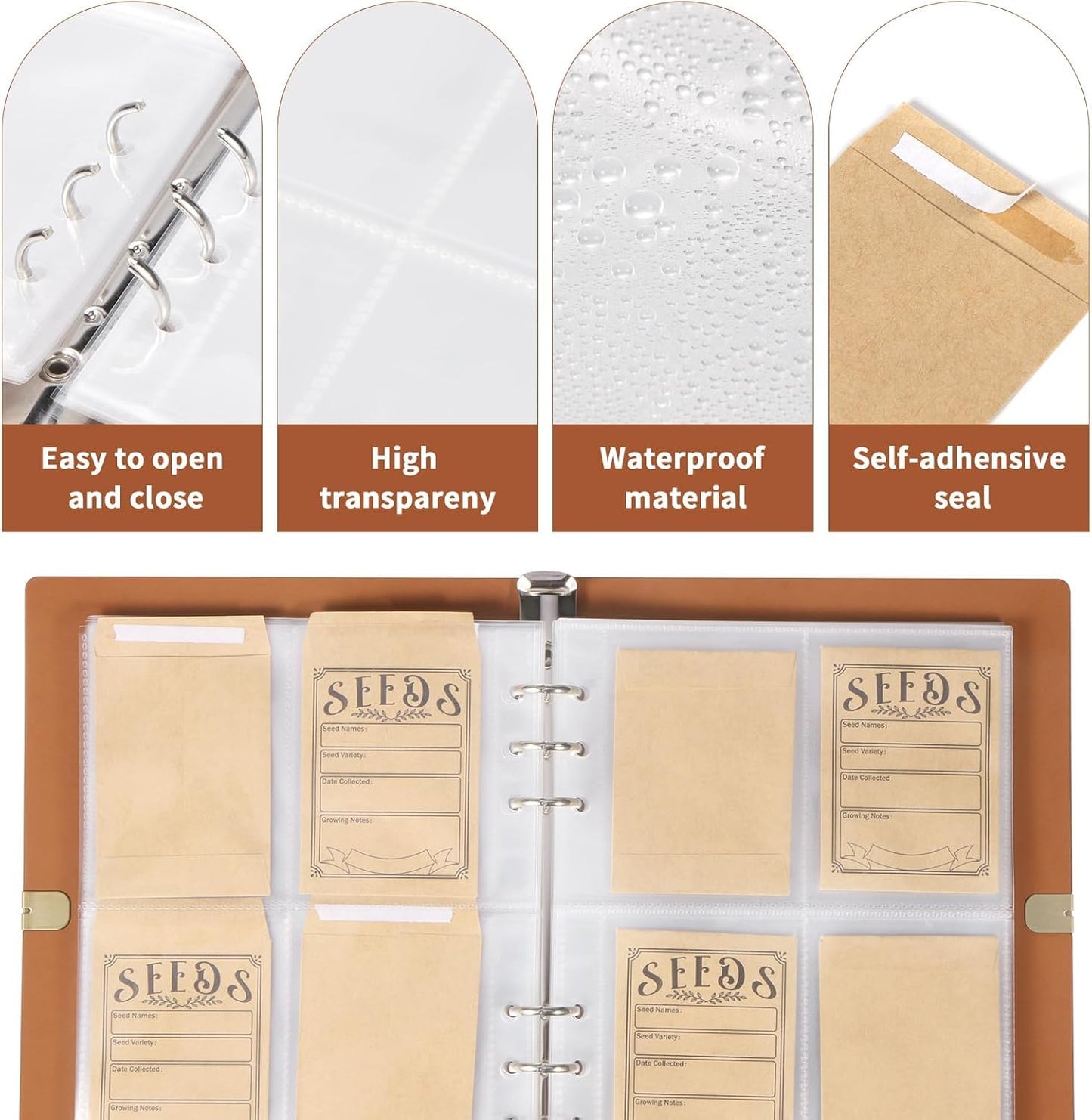 150Pcs Seed Packets Envelopes, Seed Storage Organizer Binder with Resealable Self Sealing Seed Saving Envelopes Garden Seed Storage Envelope for Vegetable (Brown)