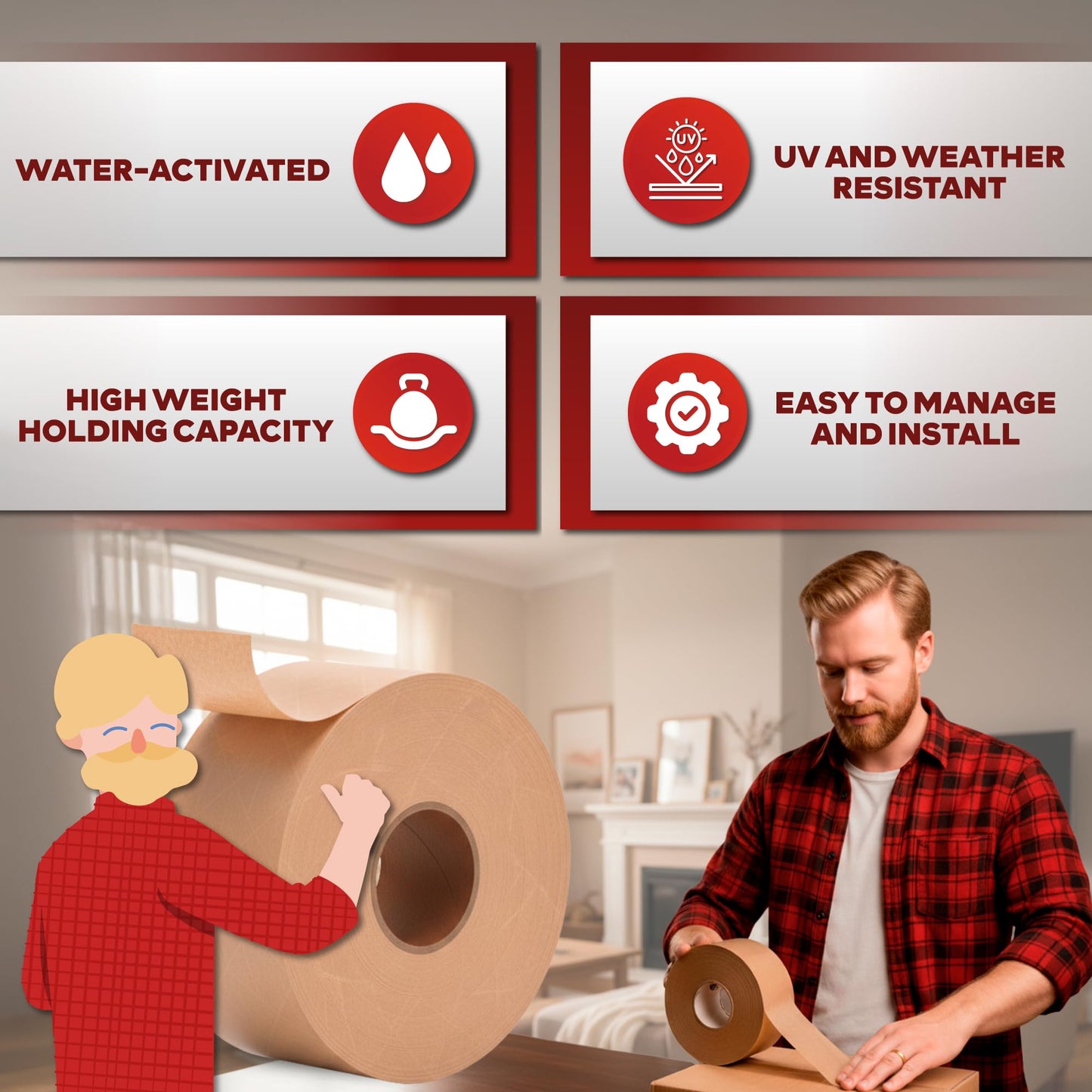 XFasten Reinforced Gummed Kraft Paper Packing Tape, 2.75 Inches x 375 Feet | Water Activated Brown Carton Box Packing and Sealing Tape for Mailing and Moving with Fiberglass Backing