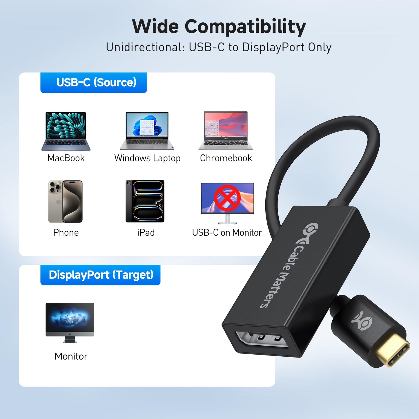 Cable Matters USB C to DisplayPort 1.4 Adapter with 8K@60hz, 4K@144hz and HDR Support - Thunderbolt 4 / USB4 / Thunderbolt 3 Port Compatible with Oculus Rift S, MacBook Pro, Dell XPS, Surface Pro