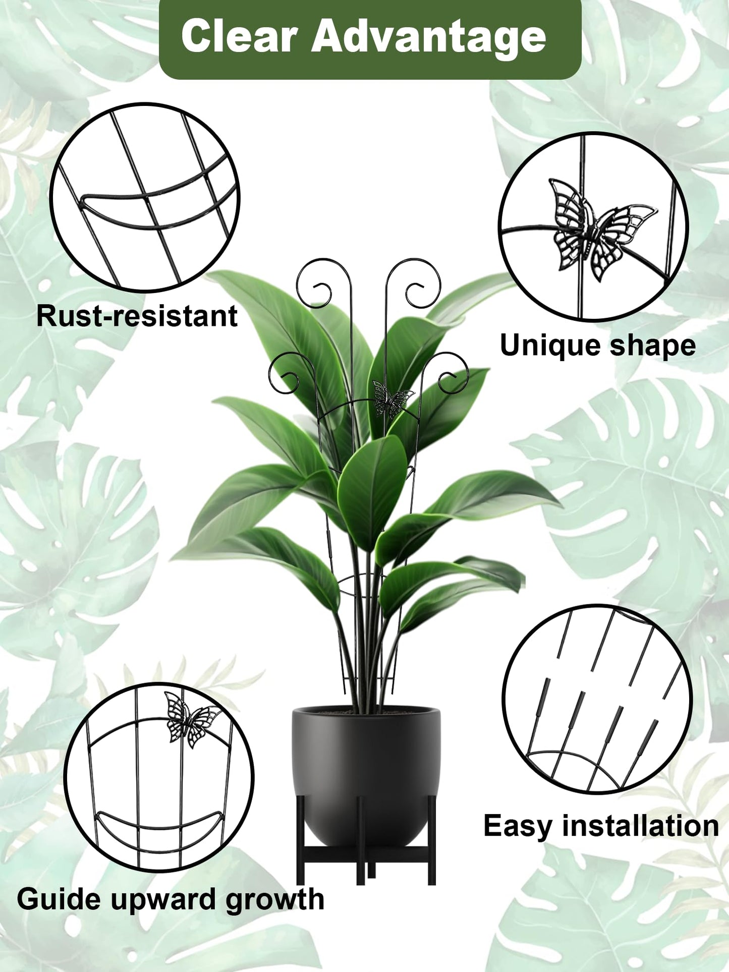 4 Pcs Butterfly Plant Trellis for Climbing Plants Indoor, 76cm Expandable Garden Metal Trellis for Potted Plants Outdoor, Houseplant Climber Support for Ivy Pothos Monstera Hoya Flower (Black)